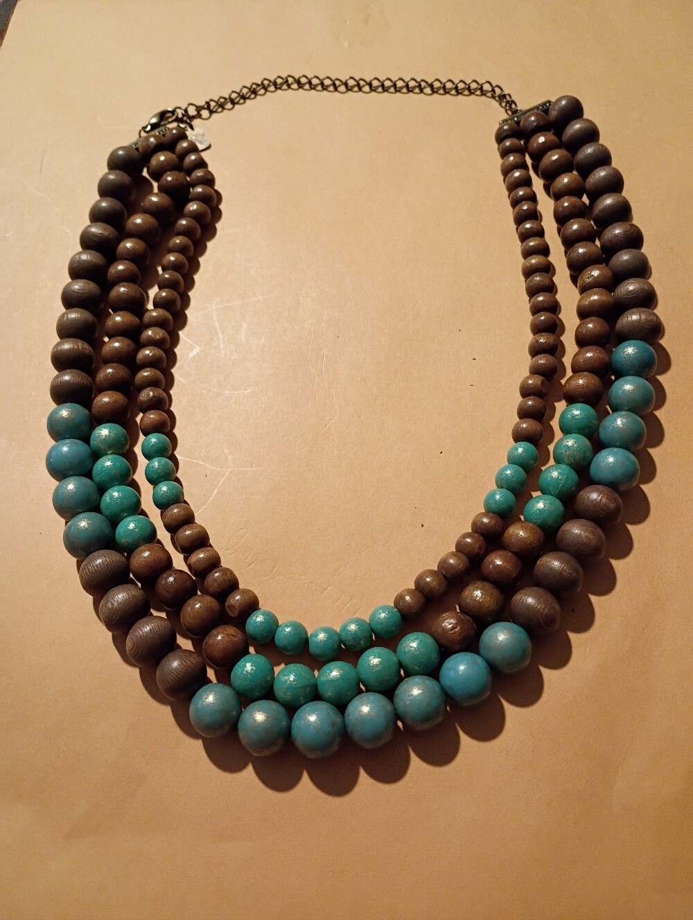 Vintage You & I Wooden Bead 3 Strand Necklace With Extender Brown Blue